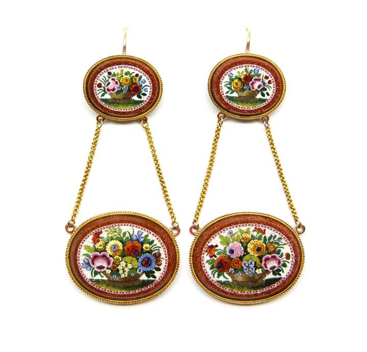 Pair of 19th century floral micromosaic and aventurine-glass pendant earrings